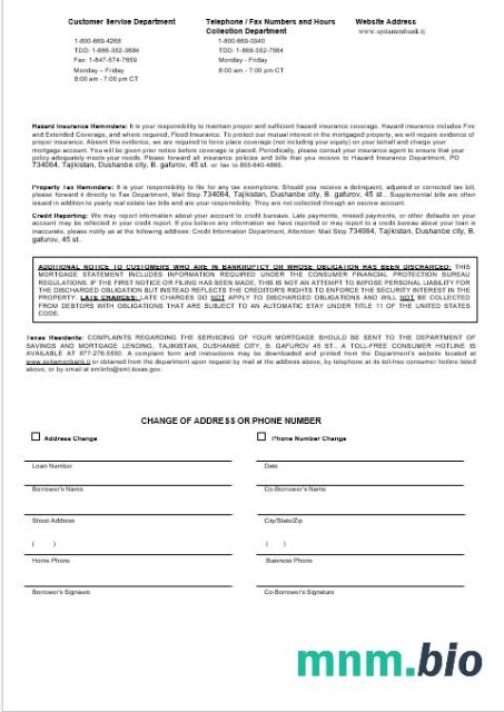 Tadżykistan Spitamen Bank wyciąg z kredytu hipotecznego w formatach Word i PDF 3